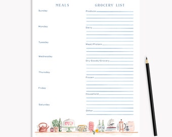 Menu Planning Notepad with Grocery List - Cute Menu Planner, Large Notepad with Tear-off Sheets, Kitchen Shelves