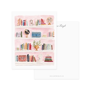 Personalized Flat Notecards - The Classics, Bookshelves stationery, classic library stationery, pink shelves stationery, bookshelf notecards