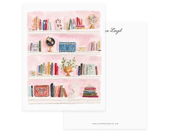 Personalized Flat Notecards - The Classics, Bookshelves stationery, classic library stationery, pink shelves stationery, bookshelf notecards