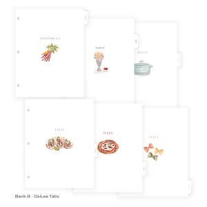 May include: A set of six white binder dividers labeled Bank B - Deluxe Tabs. Each divider features a watercolor illustration of food items with corresponding text: Vegetables, Sides, Soups, Tacos, Pizza, and Pasta. The dividers have punched holes.