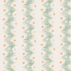 May include: Watercolor pattern featuring vertical green tree-like stripes with a wavy design, interspersed with scattered golden star shapes. The background is a soft, off-white color, creating a festive and whimsical aesthetic. This design is suitable for various applications.