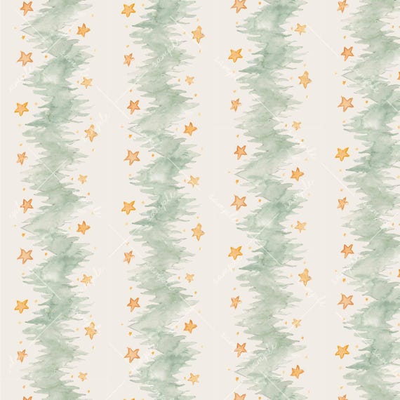 Christmas Wrapping Paper - 3 Sheets - Watercolor Chevron, Pine Bough Stripe, Christmas Tree Stars, Vintage French Holiday Gift Wrap Rolls