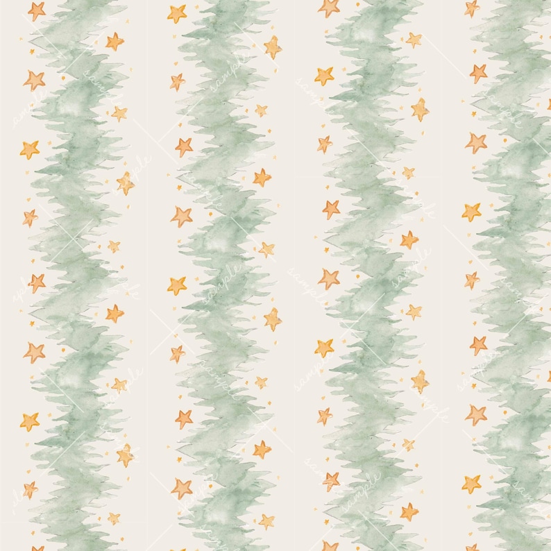 May include: Watercolor pattern featuring vertical green tree-like stripes with a wavy design, interspersed with scattered golden star shapes. The background is a soft, off-white color, creating a festive and whimsical aesthetic. This design is suitable for various applications.