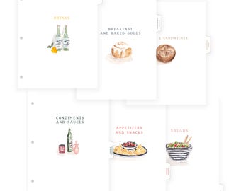 May include: A set of white binder dividers labeled Bank A - Mini Deluxe Tabs. Each divider features watercolor illustrations of food and drinks with text labels including Drinks, Breakfast and Baked Goods, Sandwiches, Condiments and Sauces, Appetizers and Snacks, and Salads.