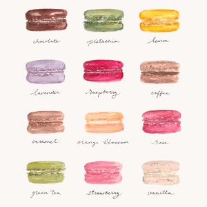 Impresión artística: Tabla de sabores de macarrones, Arte de cocina, Ilustración de comida, Ilustración de repostería