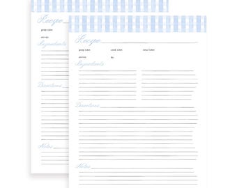 Plantilla imprimible de página de recetas en PDF y Canva - Estilo Cottagecore con estampado de cuadros azules. Elementos de texto móviles, fuente personalizada.