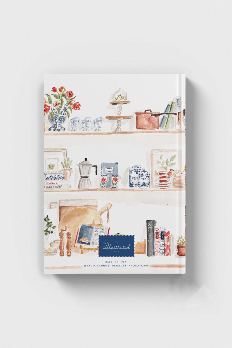 May include: A watercolor illustration of a kitchen shelf with various items, including a red pot, a coffee pot, a glass cloche, a book titled "Recipes", and a book titled "Cookies". The shelf is painted in a light wood tone and has a white background. The text "The Illustrated Life" is printed in blue at the bottom of the image.