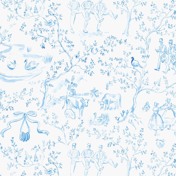 12 Days of Christmas Wrapping Paper Blue Toile, Christmas Toile