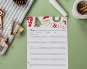 Recipe Binder Filler Paper - Christmas Cookies, Watercolor Illustrations, Full Size Recipe Card, Holiday Recipe Organization