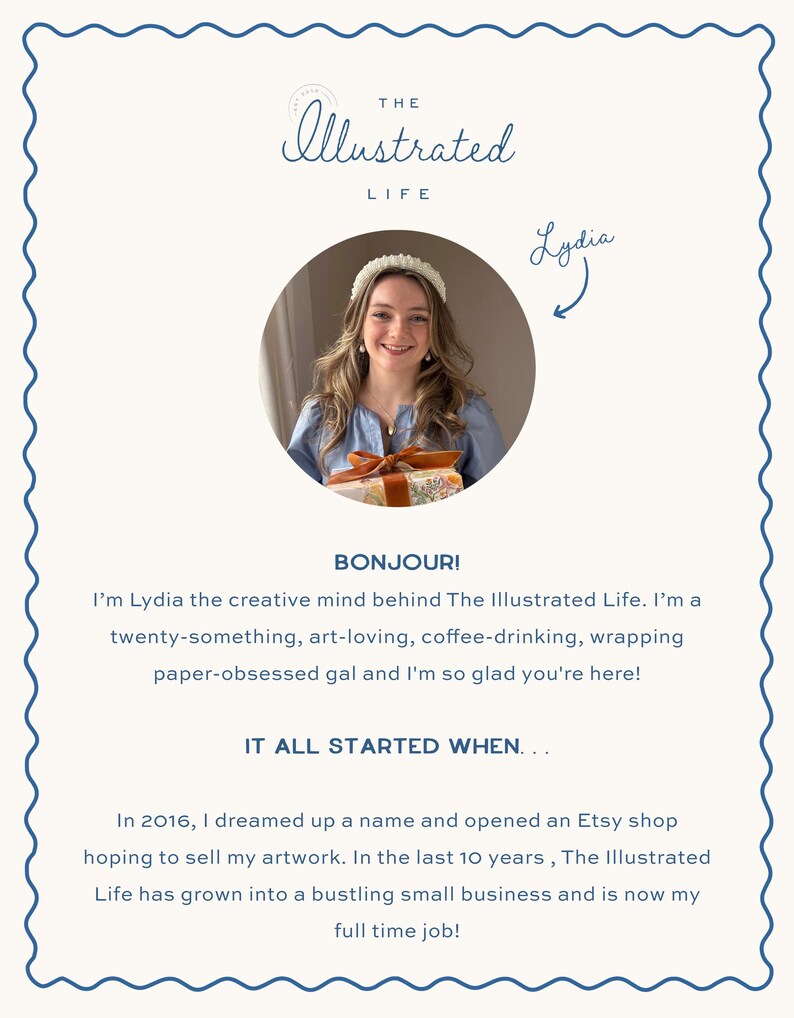 May include: A digital graphic featuring the text The Illustrated Life and a circular photograph of a person wearing a white headband and blue shirt. The text includes the greeting BONJOUR and a short biography about the business owner Lydia.