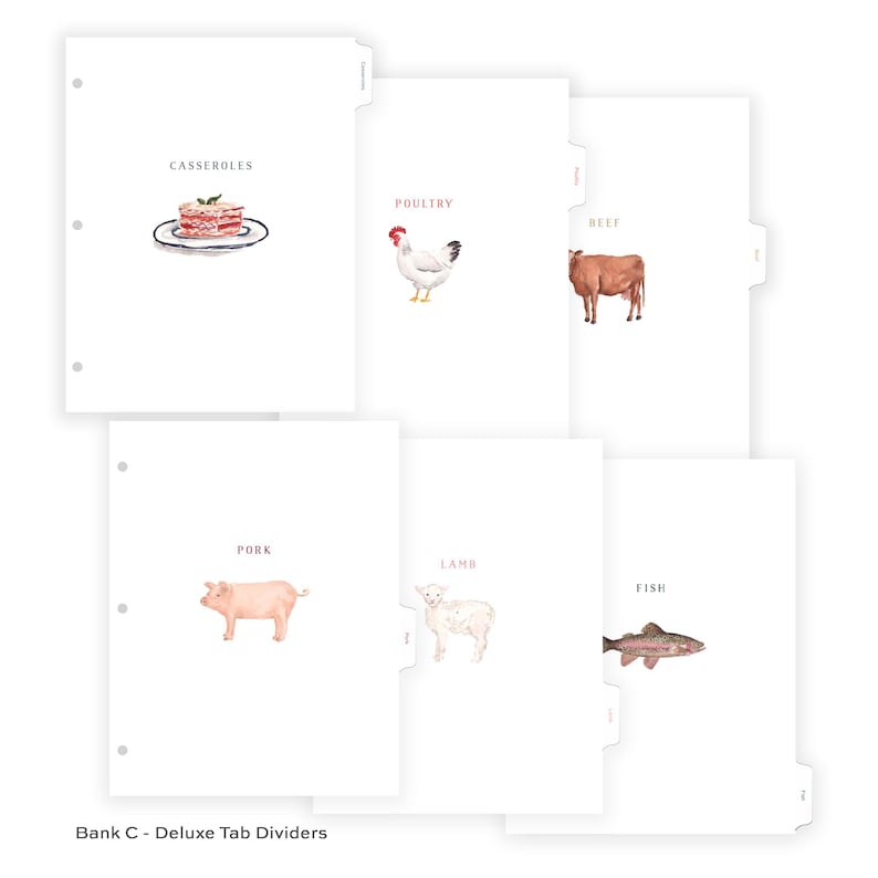 May include: A set of six white tab dividers labeled Bank C - Deluxe Tab Dividers. Each divider features a watercolor illustration and text for Casseroles, Poultry, Beef, Pork, Lamb, and Fish. The dividers have three-hole punches on the left side.
