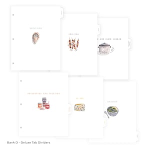 May include: White tab dividers with watercolor illustrations and text labels for kitchen organization. Categories include Shellfish, Grilling, Slow Cooker, Preserving, To-Try, and Healthy. The text "Bank D - Deluxe Tab Dividers" is at the bottom.