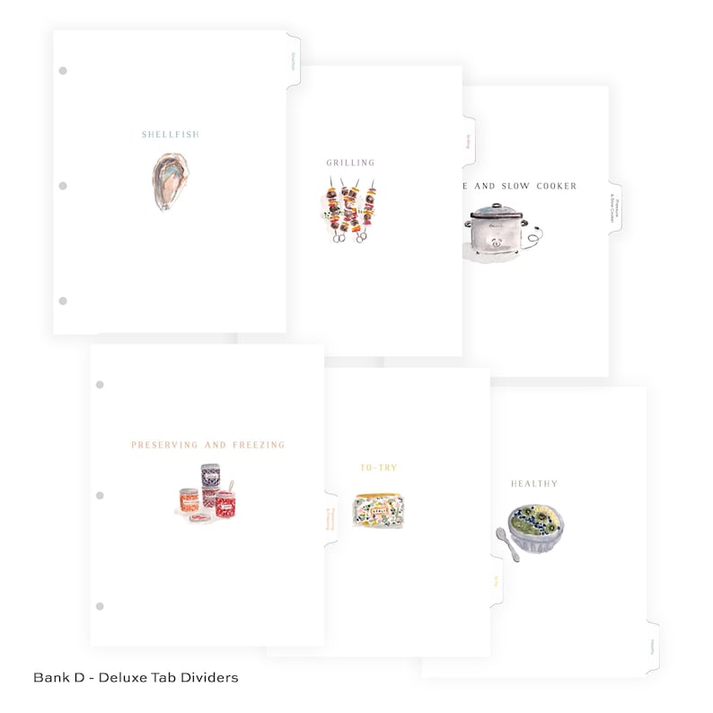May include: White tab dividers with watercolor illustrations and text labels for kitchen organization. Categories include Shellfish, Grilling, Slow Cooker, Preserving, To-Try, and Healthy. The text "Bank D - Deluxe Tab Dividers" is at the bottom.