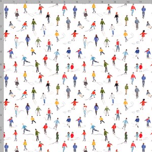 May include: A white background with a repeating pattern of people ice skating. The people are wearing winter clothing and are in various poses. The pattern is a watercolor style.