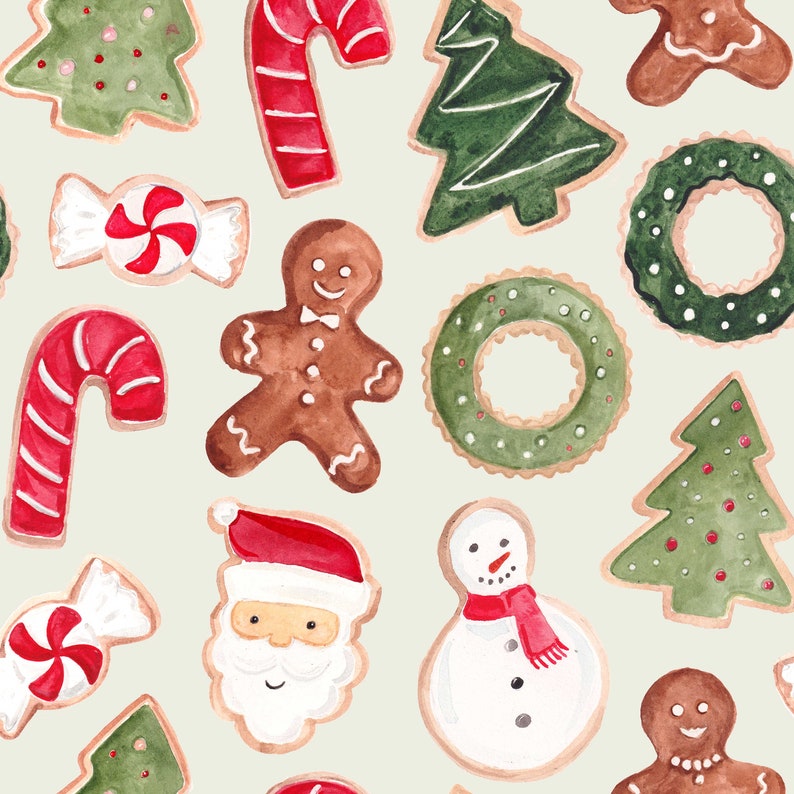 May include: A seamless pattern of watercolor gingerbread cookies in various shapes, including candy canes, Christmas trees, snowmen, wreaths, and gingerbread men. The cookies are decorated with red, green, and white icing.