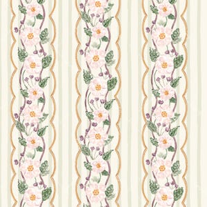 May include: A repeating pattern featuring vertical stripes in light beige and cream. The design includes vertical bands framed by wavy gold lines, containing watercolor-style illustrations of pale pink flowers with green leaves and small purple buds.