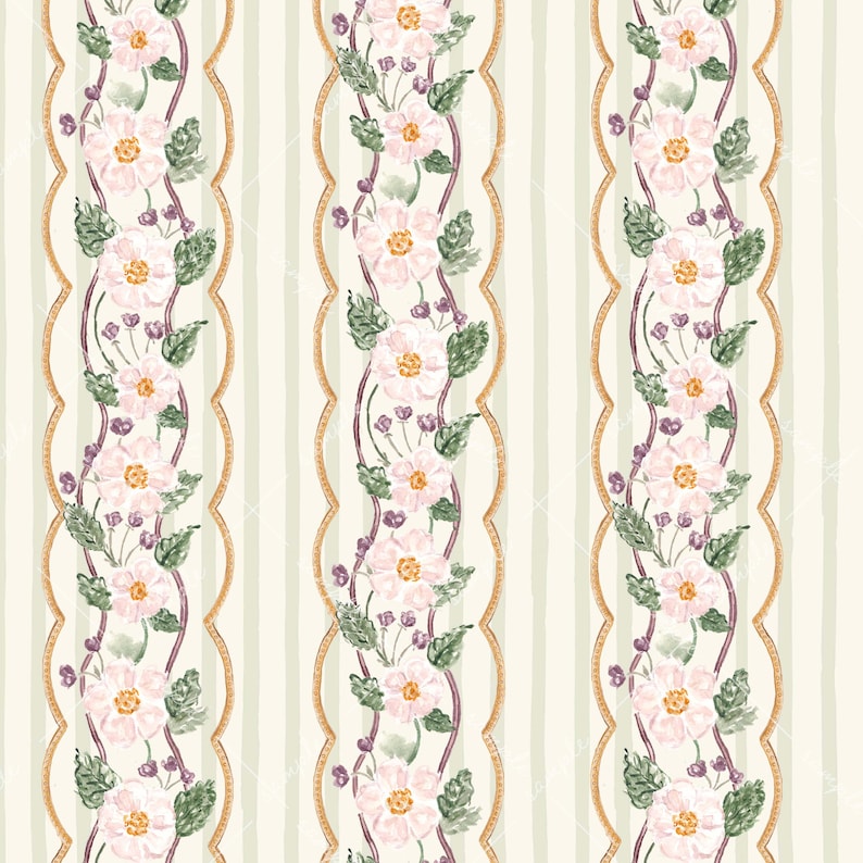 May include: A repeating pattern featuring vertical stripes in light beige and cream. The design includes vertical bands framed by wavy gold lines, containing watercolor-style illustrations of pale pink flowers with green leaves and small purple buds.
