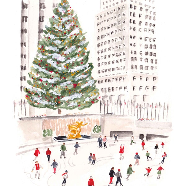 Art Print - Christmas in New York, Rockefeller Center, Ice Skating Art Print, Holiday Art Print, Rockefeller Plaza Scene, Christmas Tree