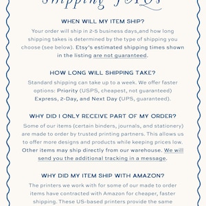 May include: A rectangular informational graphic with a scalloped blue border on a cream background. The text reads Shipping FAQs, followed by sections detailing order processing times, shipping methods, partial order deliveries, and Amazon shipping.