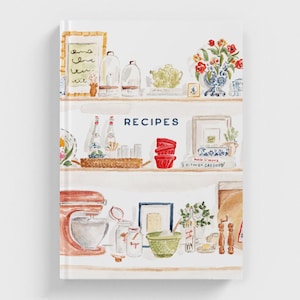 May include: A watercolor illustration of a kitchen with shelves filled with various items, including jars, bottles, and a red stand mixer. The shelves are labeled "RECIPES".