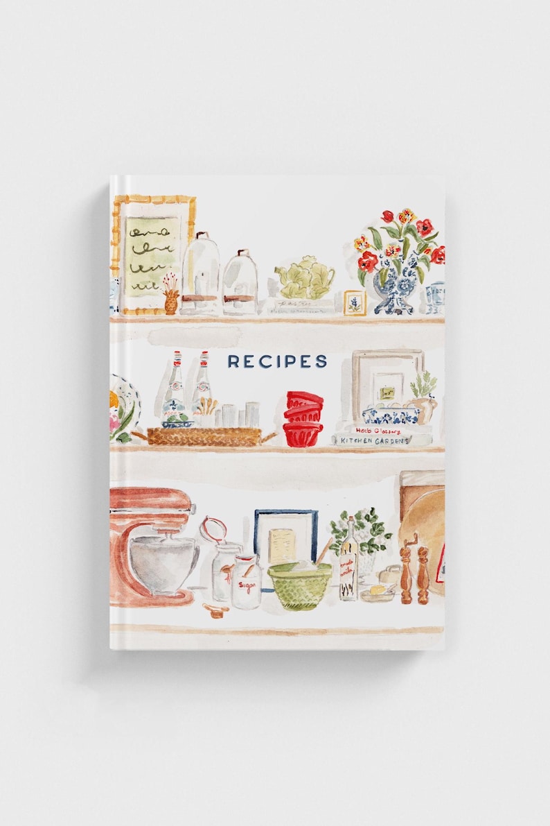 May include: A watercolor illustration of a kitchen with shelves filled with various items, including jars, bottles, and a red stand mixer. The shelves are labeled "RECIPES".
