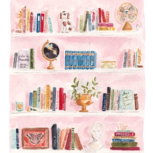 Art Print - Classic Books Library Shelves, Pink Books Watercolor, Bibliophile Art Print