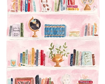 Art Print - Classic Books Library Shelves, Pink Books Watercolor, Bibliophile Art Print
