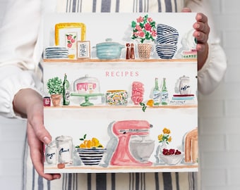Recipe Binder - Kitchen Shelves Watercolor - 3-Ring 2-inch Binder for Recipe Storage and Organization - Add Optional Tab Dividers