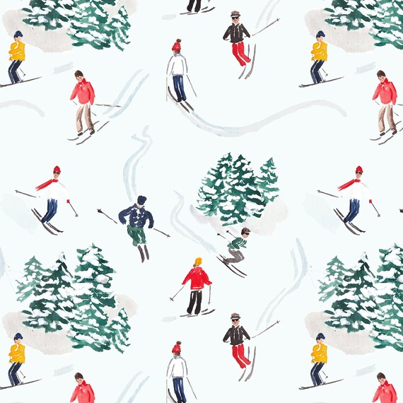Christmas Wrapping Paper Skiers Christmas Trees Holiday | Etsy