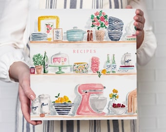 Recipe Binder - Kitchen Shelves Watercolor - 3-Ring 2-inch Binder for Recipe Storage and Organization - Add Optional Tab Dividers