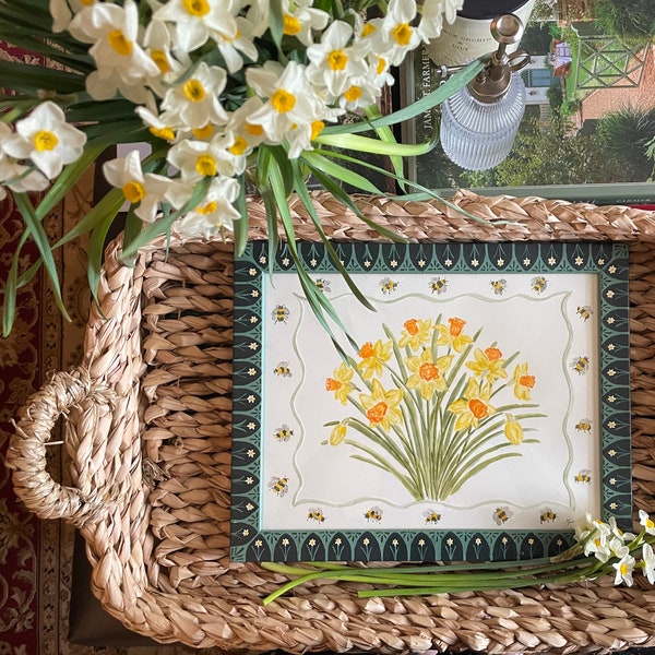 Original Botanical Watercolor with Handpainted Wood Frame - 'Daffodils' No. 1
