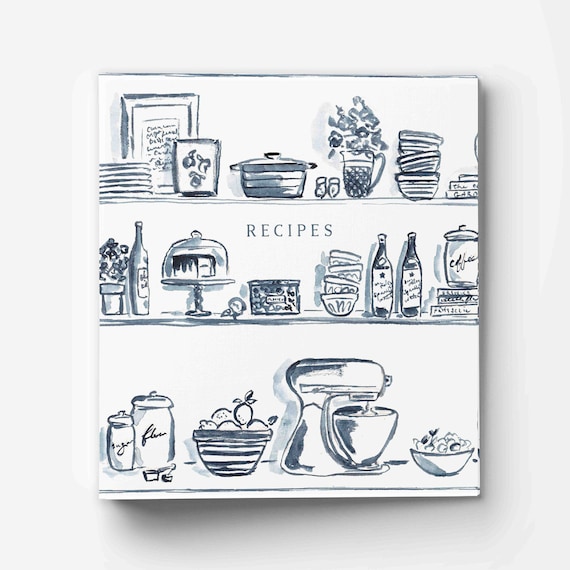 Recipe Binder - Blue Kitchen Shelves Watercolor - 3-Ring 2-inch Binder for Recipe Storage and Organization - Add Optional Tab Dividers
