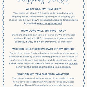 May include: A rectangular informational graphic with a scalloped blue border on a cream background. The text reads Shipping FAQs, followed by sections detailing order processing times, shipping methods, partial order deliveries, and Amazon shipping.