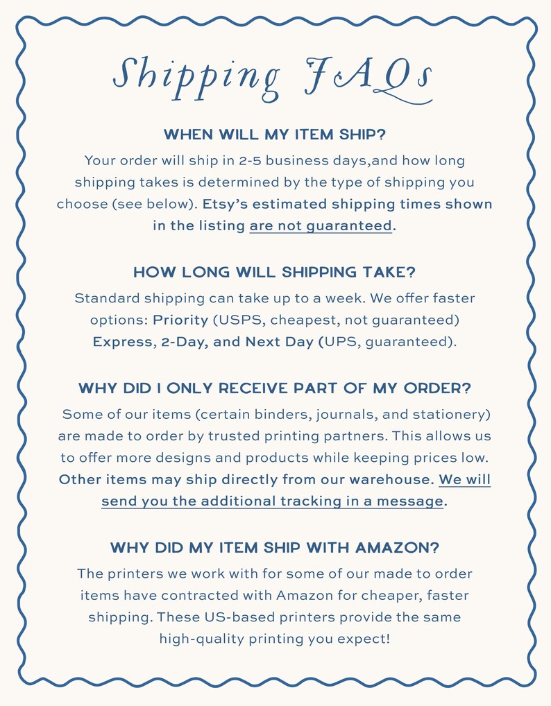 May include: A rectangular informational graphic with a scalloped blue border on a cream background. The text reads Shipping FAQs, followed by sections detailing order processing times, shipping methods, partial order deliveries, and Amazon shipping.