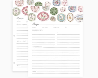 Papier de remplissage pour reliure de recettes - Assiette murale, illustrations à l'aquarelle, carte de recette pleine dimension, organisation de recettes, carte de recette de porcelaine chinoise