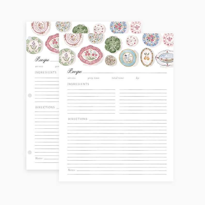 Recipe Binder Filler Paper - Plate Wall, Watercolor Illustrations, Full Size Recipe Card, Recipe Organization, Chintzy China Recipe Card