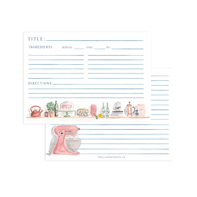 May include: Two white recipe cards with blue lines. The top card features a kitchen shelf illustration with a kettle, plant, cake stand, and coffee press. The bottom card displays a pink stand mixer. Both cards include the text THEILLUSTRATEDLIFE.CO.
