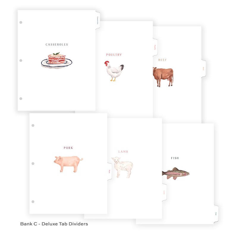 May include: White tab dividers with watercolor illustrations of food categories: Casseroles, Poultry, Beef, Pork, Lamb, and Fish. Each divider features a corresponding image and category label. The text "Bank C - Deluxe Tab Dividers" is at the bottom.
