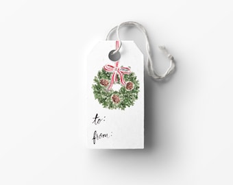 Small Gift Tags - Wreath Tag, Christmas Tags, Skiers, Watercolor Wreath, Holiday Label, Christmas Gift Tag, Christmas Label, Holiday Tag