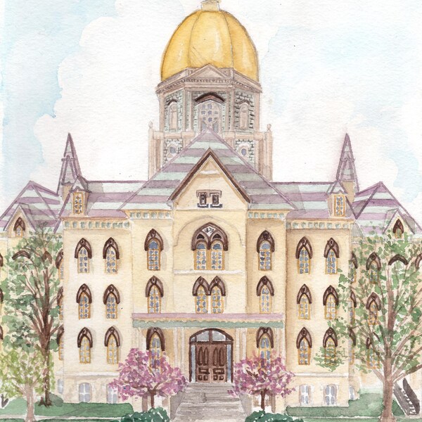 Notre Dame Art Print - Watercolor Painting, Golden Dome Watercolor, Domer Fan, Graduation Gift, College Gift, Fighting Irish,Notre Dame Gift