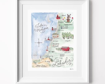 Lake Michigan Map Art Print - Lake Michigan Art, Michigan Art Print, Southwest Michigan Map, Michigan Print, Lake Michigan, Great Lakes Map