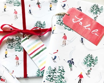 Christmas Wrapping Paper - Holiday Gift Wrap, Skier Gift Wrap, Christmas Trees, Snow Wrapping Paper, Vintage Christmas, 1950s Christmas