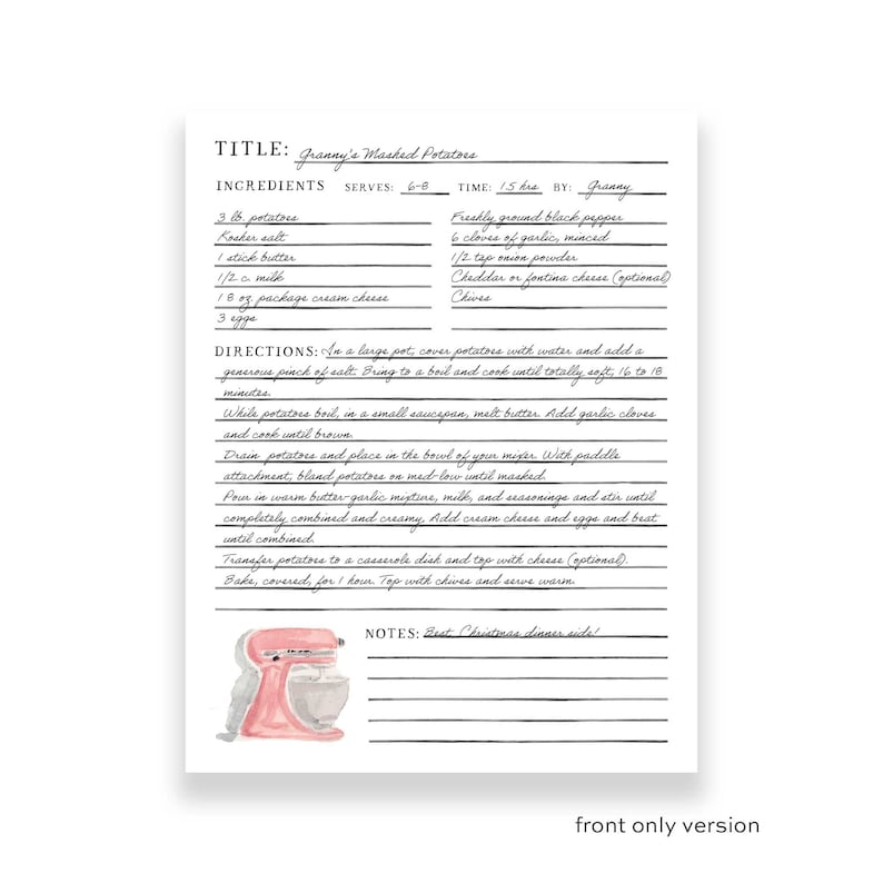 Editable Recipe Page Printable - Watercolor Illustrations - PDF Digital Download image 2