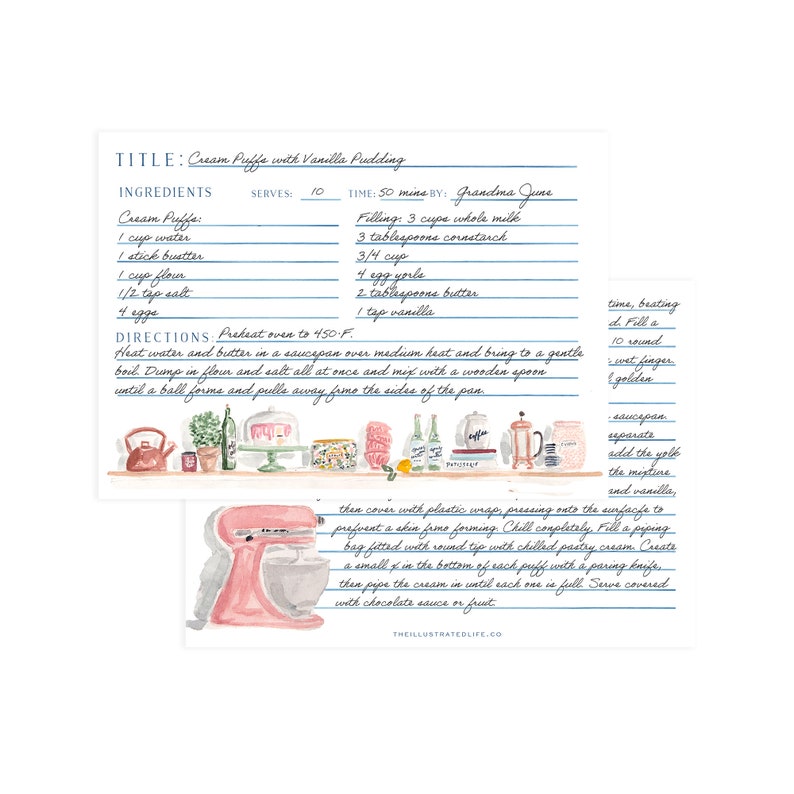 May include: A white recipe card with blue horizontal lines featuring the handwritten title Cream Puffs with Vanilla Pudding, ingredients, and directions. The card includes watercolor illustrations of kitchen items and a pink stand mixer.