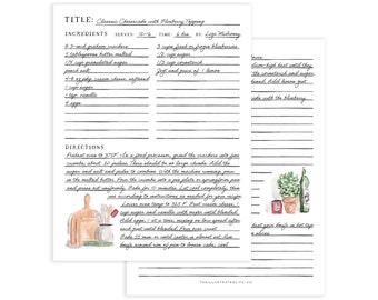 Editable Recipe Page Printable - Includes 2 Designs, Watercolor Illustrations -  PDF Digital Download