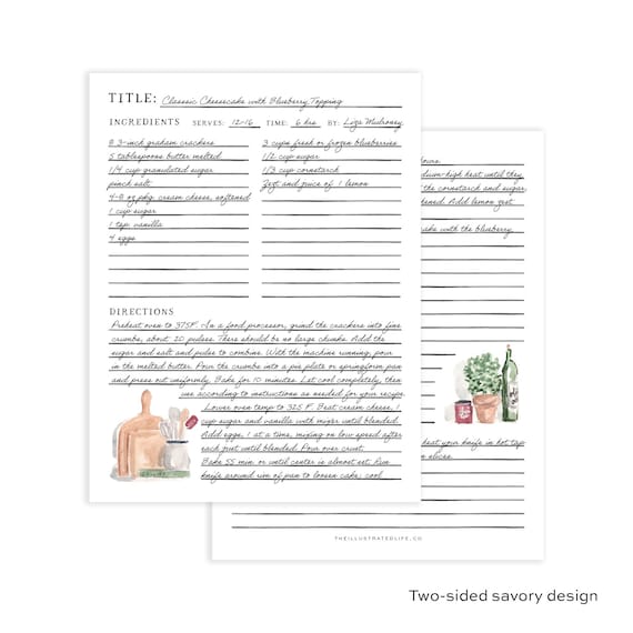 Editable Recipe Page Printable - Includes 2 Designs, Watercolor Illustrations -  PDF Digital Download