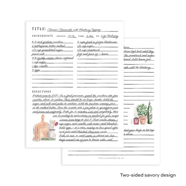 Editable Recipe Page Printable - Includes 2 Designs, Watercolor Illustrations -  PDF Digital Download