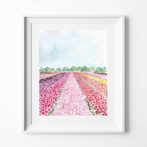 Watercolor Landscape - Tulips Art Print, Holland Landscape, Dutch Painting, Impressionist Watercolor, Tulips Watercolor, Holland, Flower Art