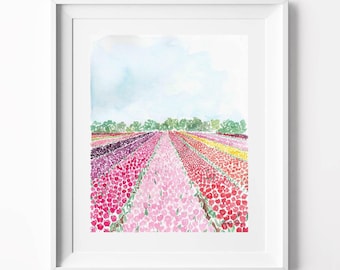 Watercolor Landscape - Tulips Art Print, Holland Landscape, Dutch Painting, Impressionist Watercolor, Tulips Watercolor, Holland, Flower Art