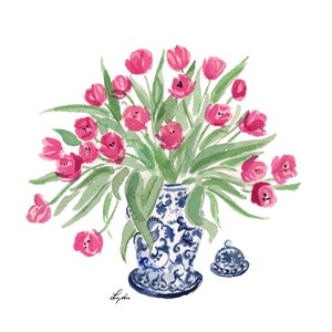 Art Print: Ginger Jar with Tulips China Jar art print, Chinoiserie Jar, Tulips in Vase Watercolor, Tulips Watercolor